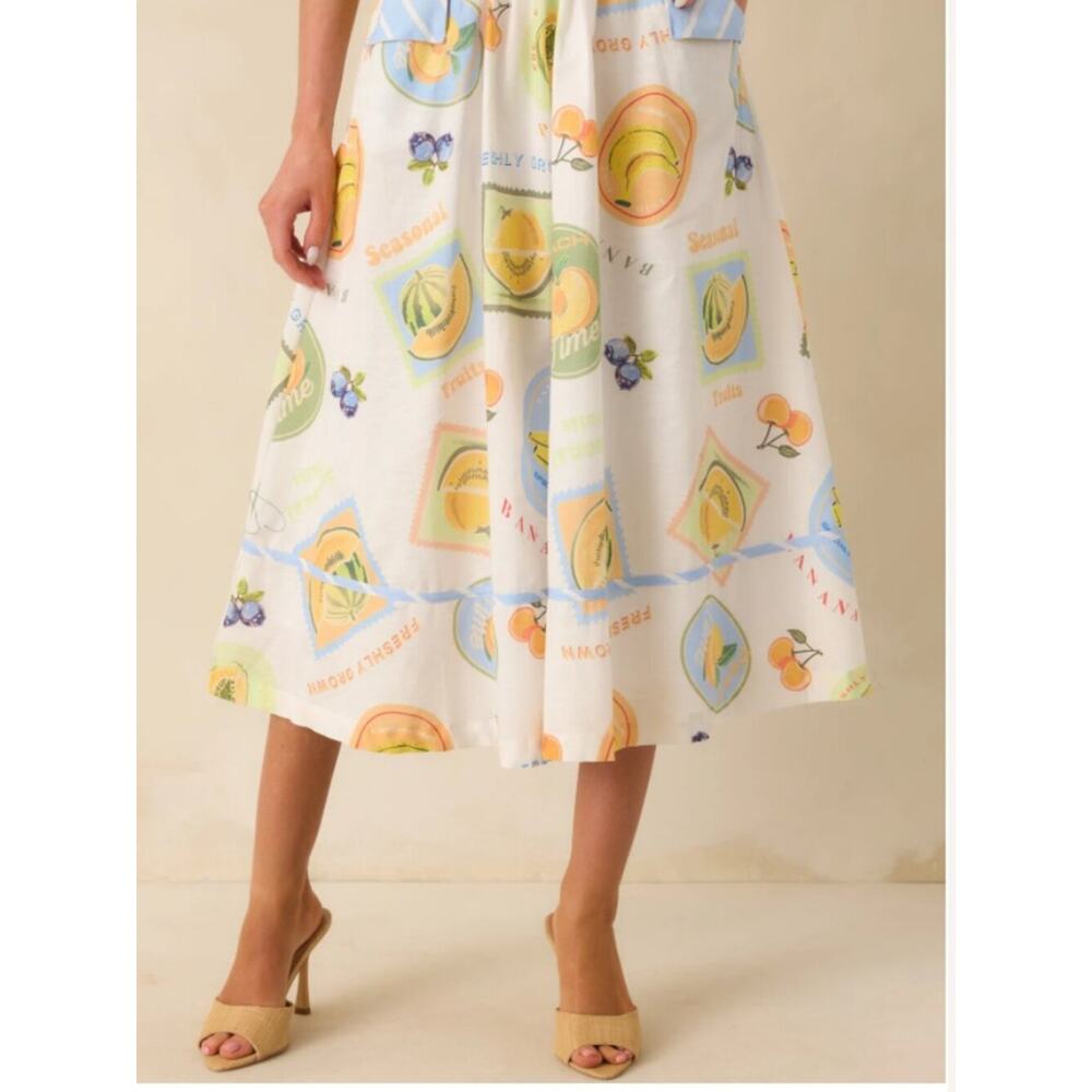 Prosperina Annie Orchard Print Apron Midi Skirt Linen Cotton Size M NWT Rare - Picture 3 of 11